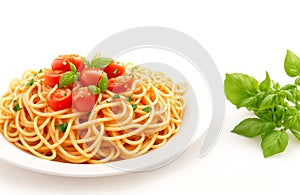 Spaghetti or pasta with tomato sauce and fresh green basi over white background