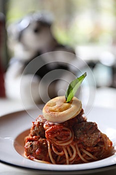 Spaghetti Pasta with Tomato Sauce, Smiley Potato fry. Traditional Italian Food