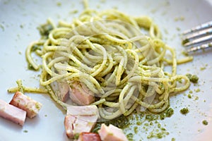 Spaghetti with pesto and ham slices are on the plate