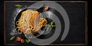 Spaghetti plate on black background, surrounded by spinach and tomatoes, space for text, menu design