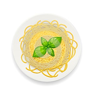 Spaghetti at plate. Pasta with basil leafe. Noodles. Vector illustration.