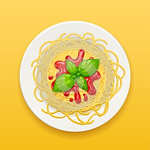 Spaghetti at plate. Pasta with ketchup. Noodles. Vector illustration.