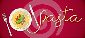 Spaghetti at plate. Pasta with ketchup. Noodles. Vector illustration.