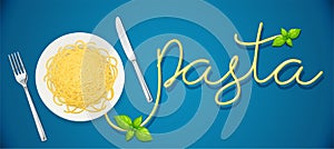 Spaghetti at plate. Pasta with ketchup. Noodles. Vector illustration.