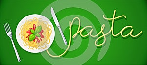 Spaghetti at plate. Pasta with ketchup. Noodles. Vector illustration.