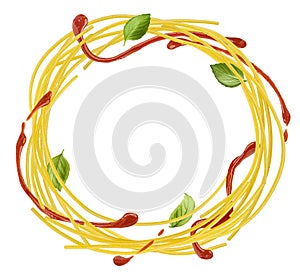 Spaghetti round frame, pasta ingredients isolated on white background