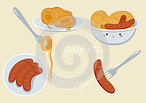 Spaghetti and sausage food set. Vector graphics
