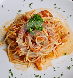 Spaghetti scoglio on plate