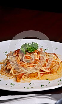 Spaghetti scoglio on plate
