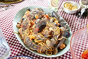 Spaghetti with seafood in a large plate