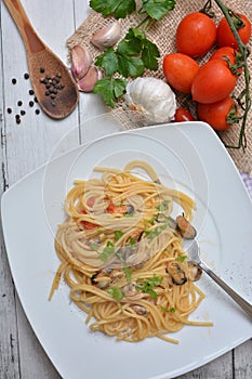 Spaghetti with seafruit clams and mussels italian dish