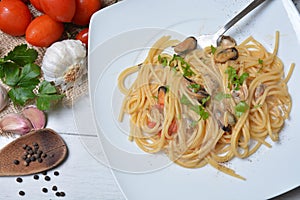 Spaghetti with seafruit clams and mussels italian dish