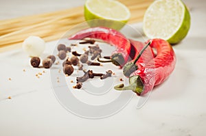 spaghetti and seasonings for preparation/ spaghetti and seasonings for preparation on a white background