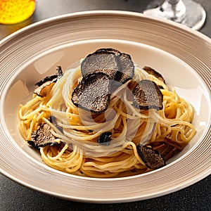 spaghetti with sliced black truffle, AI generated