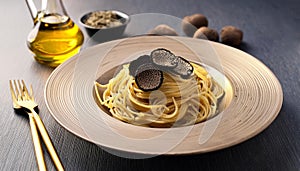 spaghetti with sliced black truffle, AI generated