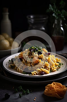 Spaghetti sour cream and roee. Bottarga pasta with salad