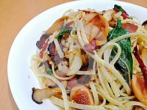 Spaghetti spicy dry chilli Thai herbs and Thai tastes.