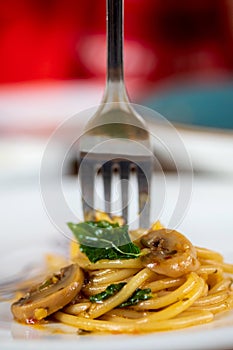 Spaghetti with Spicy Mixed mushroom and basil.Thai fusion food.