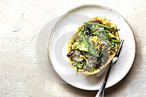 Spaghetti Squash with Kale Asparagus Peaand Broccoli with Dried Chili