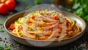 Spaghetti Stack with Tomato Chunks and Basil on Dark Background