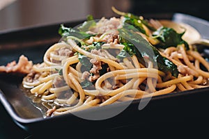 Spaghetti With Stirred Fried Holy Basil