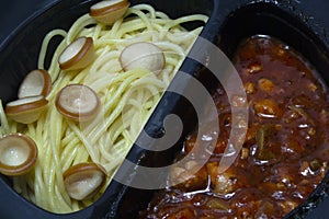 The Spaghetti with tomato sauce.The basic menu of Italian flavor and tender. The sweet and sour meat, tomato and the onion and