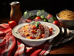 spaghetti with tomato sauce, basil and garlic, italian tipica towel photo