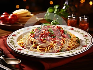 spaghetti with tomato sauce, basil and garlic, italian tipica towel photo