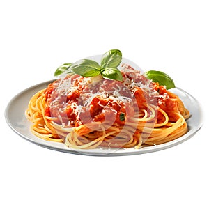 Spaghetti with tomato sauce and basil in a plate