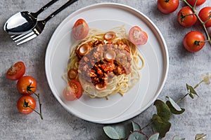 Spaghetti with tomato sauce and sausage