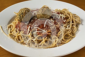 Spaghetti top with turkey meatballs and sauce