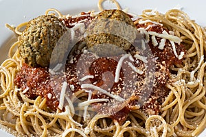 Spaghetti top with turkey meatballs and sauce