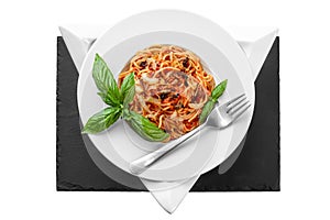 Spaghetti tuna pasta basil plate triangle shape slate table pretty
