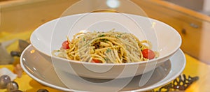 Spaghetti on white plate