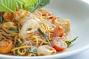 Spaghetties Spicy Seafood with Sweet Basil