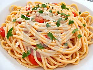 Spaghettis with tomato, parsley and grated cheese in a white plate