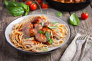 Spaghetty pasta with meatballs and tomato sauce