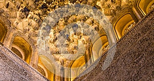 Spain, Andalusia, Alhambra, Moorish, detailed carved ceiling, inner room
