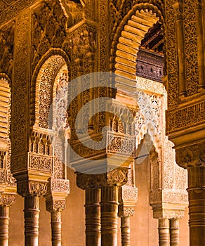 Spain, Andalusia, Alhambra, Moorish, intricate carved columns and capitals, arches