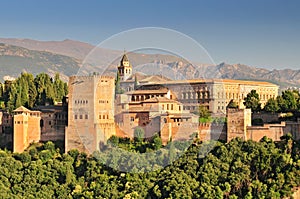 Spain Andalusia Granada View from Patio de la Acequia to Alhambra Overall view of Alcazaba City castle on the hill Sabikah