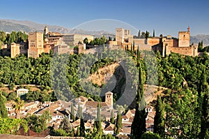 Spain Andalusia Granada View from Patio de la Acequia to Alhambra Overall view of Alcazaba City castle on the hill Sabikah