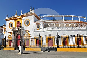 Spain, Andalusia, Sevilla, Plaza de Toros de la Real Maestranza de Caballeria de Sevilla, the Baroque facade of the bullring photo