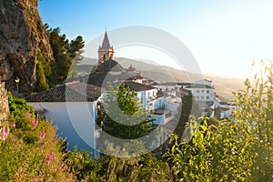 SPAIN, ANDALUSIA ZAHARA: View on old church during sunset in bea