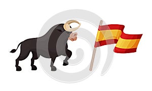 Spain Attributes with Horned Bull and Waving Flag on Pole Vector Set