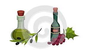 Spain Attributes with Olive Oil and Corked Wine Bottle Vector Set