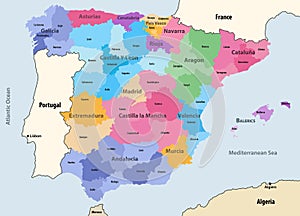 Spain autonomous communities and provinces vector map with neighbour countries and territories