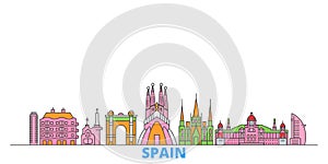 Spain, Barcelona line cityscape, flat vector. Travel city landmark, oultine illustration, line world icons