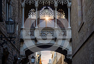 Spain, Cathedral of Barcelona in Las Ramblas and Bridge of Sighs, Pont del Bisbe photo