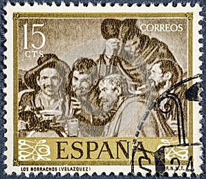 Stamp printed by Spain, shows picture the drunks by Velazquez