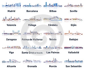 Spain cities skylines in soft cold tones color palette vector set